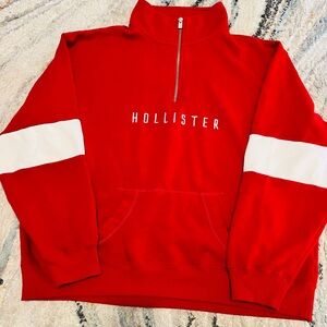 Hollister Unisex Red Zip-Up Sweatshirt with White Stripes